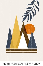 Mid century sunset mountain print boho minimalist printable wall art abstract home decor sun print bohemian art work, vector