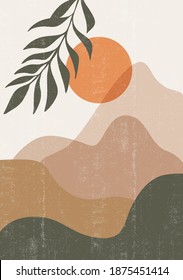 Mid century sunset print boho minimalist printable wall art mountain abstract home decor sun print bohemian art work, vector