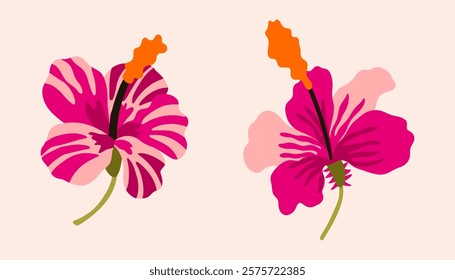 Mid Century tropical flower hibiscus. Jungle exotic plant. Texture with stripes. Aloha vector for poster, background, decor. 