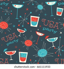 Mid Century USA patriotic Pattern. Retro vintage fifties styled vector pattern. Fifties styled seamless pattern that has cocktails, drinks and beverages on it and reads USA party.