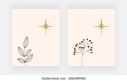 Mid century wall art prints with black lines leaves and golden star