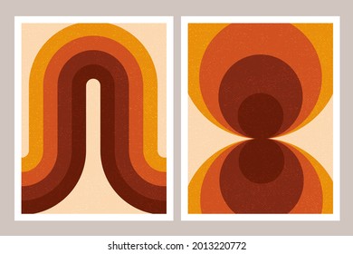 Mid century wall art. Retro, boho style composition with rainbow, wave. Warm beige, earthy, yellow colors. Textured canvas imitation. Abstract contemporary design set, with  balance shapes.