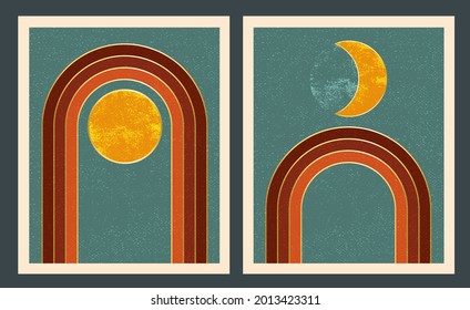 Mid century wall art. Retro, boho style composition with rainbow, sun, moon. Beige, earthy, yellow, blue, gold colors. Textured canvas imitation. Abstract contemporary design set,  balance shapes.