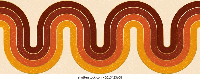 Mid century wall art. Retro, boho style composition with rainbow, wave. Warm beige, earthy, yellow colors. Textured canvas imitation. Abstract contemporary design 