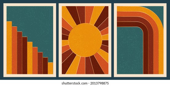 Mid century wall art. Retro, boho style composition with rainbow, sun, lines. Beige, earthy, yellow, blue, gold colors. Textured canvas imitation. Abstract contemporary design set,  balance shapes.