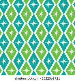 Mid century white atomic starbursts over diamond shapes in green and teal . For textile, fabric, home décor and wallpaper