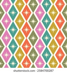 Mid century white atomic starbursts on colorful diamond shapes seamless pattern in orange, olive green, teal, orange, red and pink. For wallpaper, home décor and fabric 