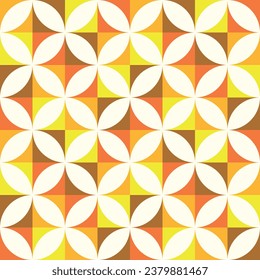 Mid century white circles seamless pattern on geometric squares in orange, brown, red and yellow. For home décor, wallpaper and fabric 