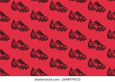 mid cut shoes rugby pattern. american football cleats vintage repeat seamless pattern wallpaper. red background with rugby footwear sporty outline illustration for sport themed merchandise