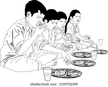 Mid day meal scheme in Indian School, Sketch drawing of Indian school children getting their mid-day meal in their school, LIne art vector illustration silhouette indian student lunch in school