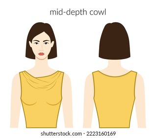 Mid - depth neckline clothes character beautiful lady in yellow top, shirt, dress technical fashion illustration with fitted body. Flat apparel template front, back sides. Women, men unisex CAD mockup