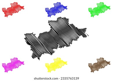 Mid Devon Non-metropolitan district (United Kingdom of Great Britain and Northern Ireland, ceremonial county Devon or Devonshire, England) map vector illustration, scribble sketch Tiverton map