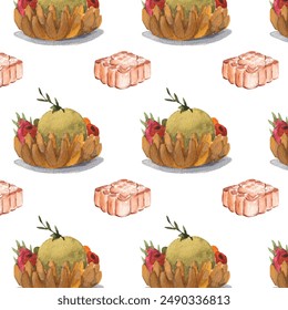 Mid Fall festival watercolor pattern. Fruit dish, mooncake hand drawn illustration. Seamless pattern isolated on white background. Decorative background for Vietnam mid autumn festival. 