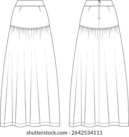 mid high rise waist darted tailored fit and flared a line long maxi midi ankle length denim jean skirt template technical drawing flat sketch cad mockup fashion woman design style model 