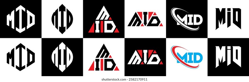 MID letter logo design in six style. MID polygon, circle, triangle, hexagon, flat and simple style with black and white color variation letter logo set in one artboard. MID minimalist and classic logo