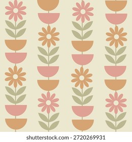 Mid mod flores com semicírculos e folhas em rosa empoeirado, argila e sálvia verde padrão sem emenda no fundo creme. Para papel de parede, decoração de casa e tecido. 