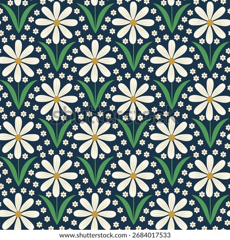Mid mod Retro daisies flowers in white seamless pattern on dark navy blue. For fabric, wallpaper, home décor and stationary