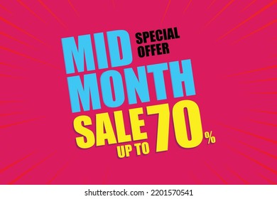 Mid month sale poster or banner vector template design. Big sale event on the pink background. Ads for web, social media, shopping online.