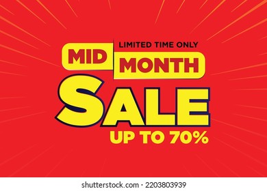 Mid month sale poster or banner vector template design. Big sale event on the orange background. Ads for web, social media, shopping online.