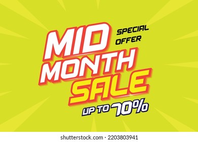 Mid month sale poster or banner vector template design. Big sale event on the green background. Ads for web, social media, shopping online.