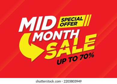 Mid month sale poster or banner vector template design. Big sale event on the orange background. Ads for web, social media, shopping online.