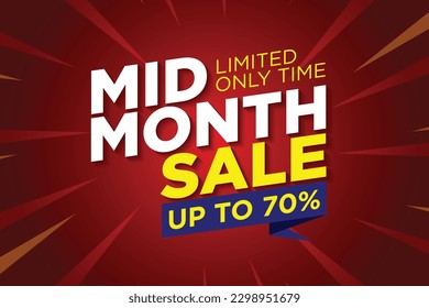 Mid month sale poster or banner vector template design. Big sale event on the red background. Ads for web, social media, shopping online.