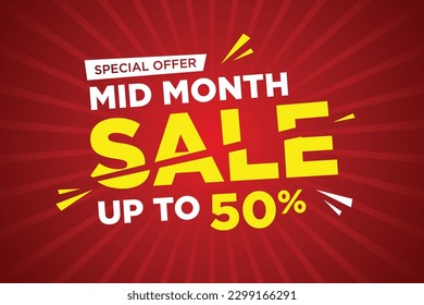 Mid month sale poster or banner vector template design. Big sale event on the red background. Ads for web, social media, shopping online.