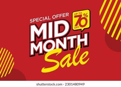 Mid month sale poster or banner vector template design. Big sale event on the red background. Ads for web, social media, shopping online.