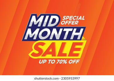 Mid month sale poster or banner vector template design. Big sale event on the red background. Ads for web, social media, shopping online.