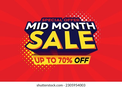 Mid month sale poster or banner vector template design. Big sale event on the red background. Ads for web, social media, shopping online.