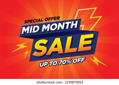 Mid month sale and thunder poster or banner vector template design. Big sale event on the orange background. Ads for web, social media, shopping online.