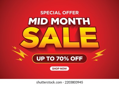 Mid month sale and thunder poster or banner vector template design. Big sale event on the red background. Ads for web, social media, shopping online.