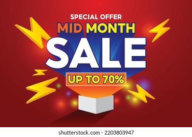 Mid month sale and thunder poster or banner vector template design. Big sale event on the red background. Ads for web, social media, shopping online.