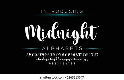 MID NIGHT Hand drawn calligraphic vector monoline font. Distress signature letters. Modern script calligraphy type. ABC typography latin signature alphabet.