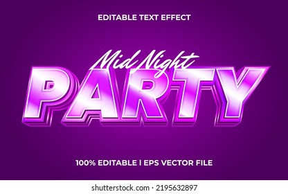 mid night party 3d text effect with glossy theme. stylish text lettering typography font style