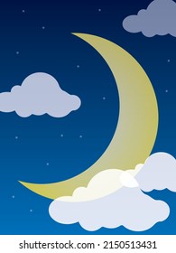 Mid night sky with translucent moon and clouds vector background