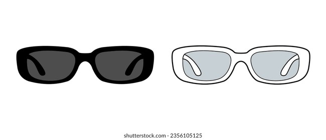 Plantilla vectorial de gafas de sol de Rectángulo Medio. Dibujo de gafas de sol, gafas, plantilla, negro, silueta. vista frontal, unisex. color negro y blanco. Burla de CAD.