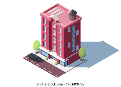 Mid rise urban house vector illustration. Modern business center with parking lot. Picturesque place located in center of lively city isometric 3d style