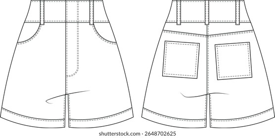 mid rise cintura média high rise cintura alta com bolsos algemado hem perna larga jean jean curto modelo técnico desenho plano esboço cad maquete moda mulher design estilo modelo 