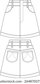 mid rise mid waist short mini a line denim jean belted skirt template technical drawing flat sketch cad mockup fashion woman design style model 