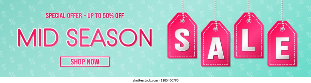 Mid Season Sale - panoramic header with percent pattern. Vector.