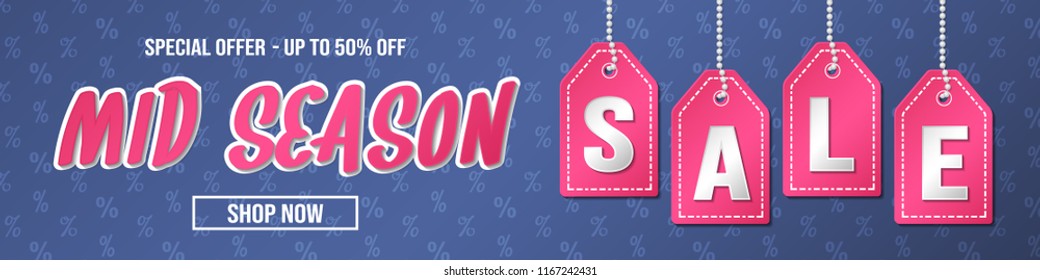 Mid Season Sale - special offer up to 50% off. Concept of banner. Vector.