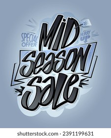 Mid season sale, special offer, vector web banner or poster lettering design template