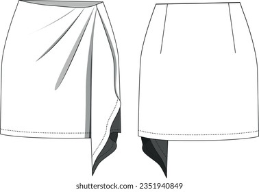 Mid Waist Asymmetrical Mini Skirt front and back drawing, skirt CAD