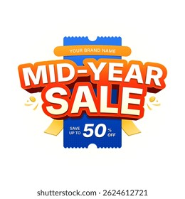 Mid Year Sale Banner with Offer Save Up To 50 Percent Off and Voucher Ticket in Modern Flat Style on White Background for Promotion, Marketing or Advertising Template