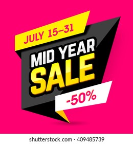 Mid Year Sale banner, poster. Big sale, special offer, discounts, 50% off. Vector illustration.