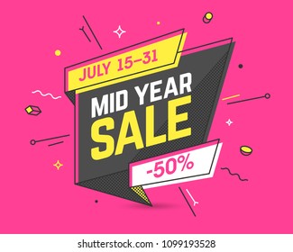 Mid Year Sale banner template in flat trendy memphis geometric style, retro 80s - 90s paper style poster, placard, web banner design, vector illustration