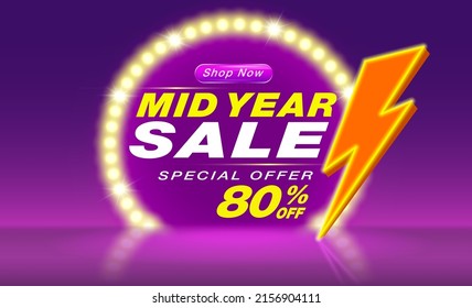 Mid year sale banner template design. Big sale event on the stage of the spotlight LED and neon lightning. Ads for web, social media, shopping online.