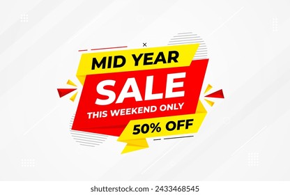 Mid Year Sale banner vector template. New Year Discount vector graphic element. Super shop label Promo design. Product opening festival background collection. 