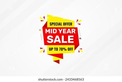 Mid Year Sale banner vector template. New Year Discount vector graphic element. Super shop label Promo design. Product opening festival background collection. 